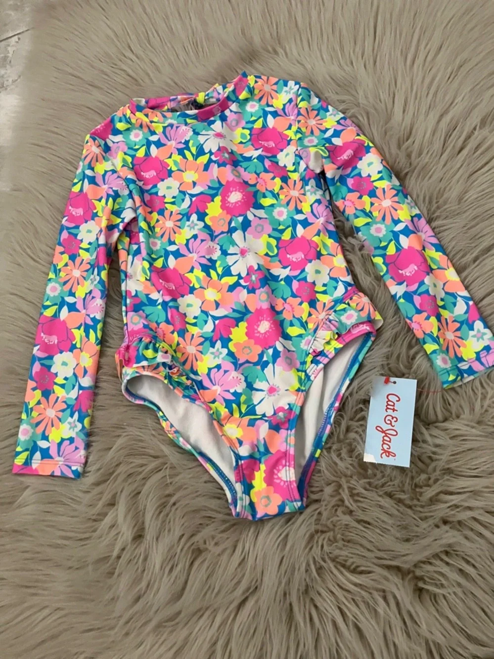 NEW - CAT & JACK Girls' Floral Printed Long Sleeve One Piece Rash Guard | XS 4-5